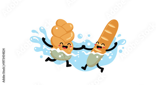 Cute cartoon challah and baguette bread characters holding hands while jumping and splashing in blue water with a playful and happy mood.