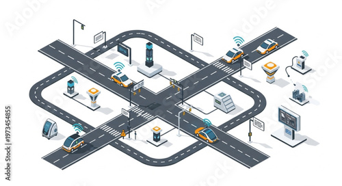 Isometric urban road intersection with vehicles and lanes.