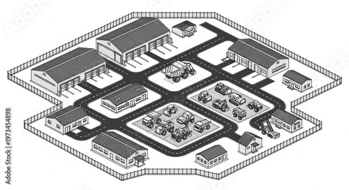 Isometric Walled Compound Model Showing Buildings And Roads.