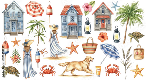 Coastal beach watercolor clipart set with cottages umbrella woman dog turtle nautical elements