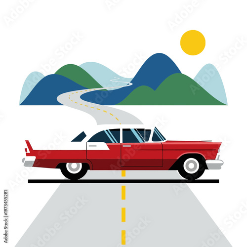 Red vintage car drives on road with mountains and sun.