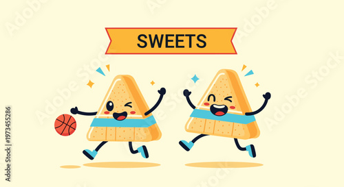 Two cheerful cartoon triangle sandwich characters playing basketball with a ball and jumping with joy under a sweets banner on yellow.