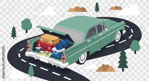 Vintage car packed with luggage on a winding road.