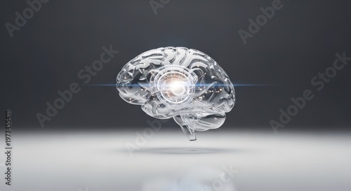 A digital representation of a human brain featuring a glowing center against a dark background
