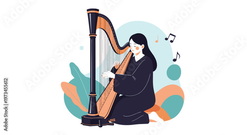 Graceful woman wearing a black gown playing a large golden harp surrounded by abstract plant shapes and musical notes on white background.