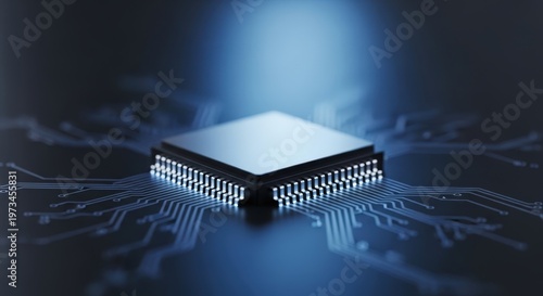A high-tech integrated circuit microprocessor resting on a glowing blue digital circuit board.