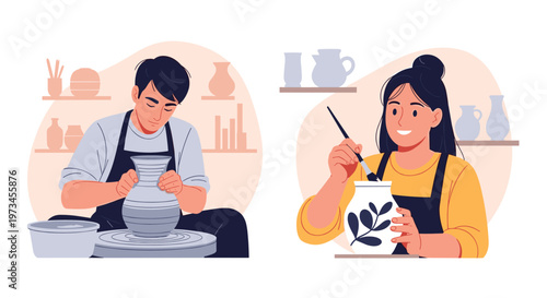 Two illustrations showing a man shaping a clay vase on a pottery wheel and a woman painting floral patterns on a white ceramic vase.