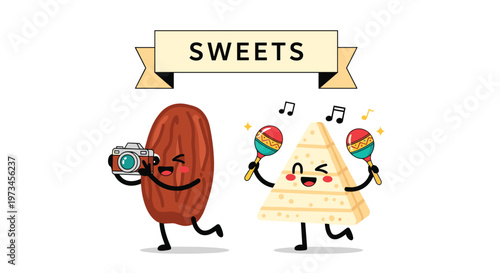 Fun cartoon date fruit taking a picture of a happy triangle cake character playing maracas under a sweets banner on white background.