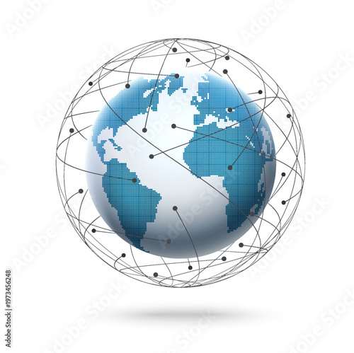World map with global satellite communication networks around Earth's orbit. 3D map Earth with lines and dots around Earth's orbit.