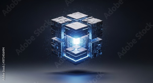 A futuristic glowing cube structure representing advanced technology and digital data processing
