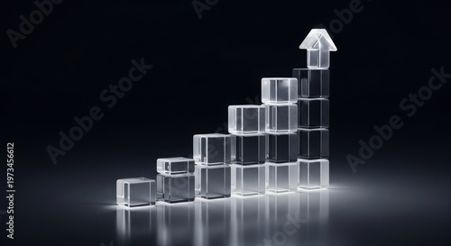 A conceptual bar graph made of stacked glass cubes showing a steady upward growth trend pattern.