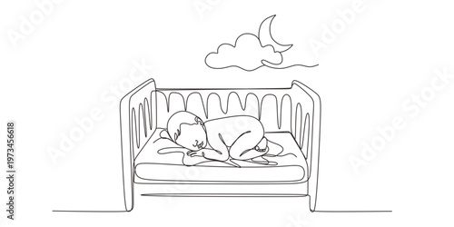 One line drawing of a newborn baby in a sleeping pose. Minimalist hand-drawn aesthetic for baby shower cards  logos  and nursery wall art.Perfect for baby care and birth concepts