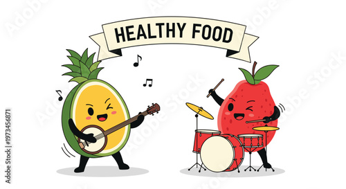 Fun cartoon pineapple character playing a banjo and a cute berry character playing a drum set under a healthy food banner on white.
