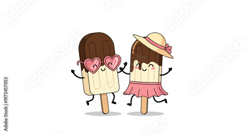 Pair of happy ice cream bar characters wearing accessories dance joyfully together in this whimsical and sweet cartoon drawing.
