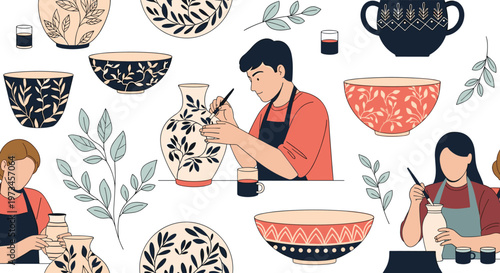 Detailed pattern of a pottery workshop shows multiple artists painting traditional floral designs on various ceramic bowls and vases.