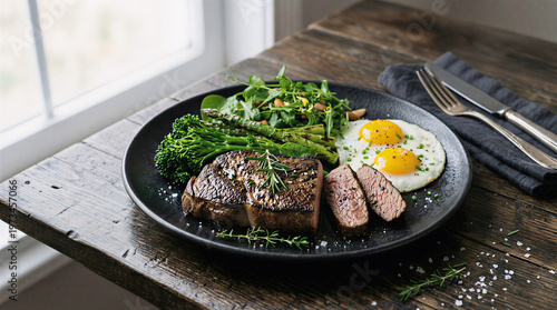 A high-protein meal with steak, eggs, and asparagus on a dark plate. Ideal for fitness and keto diet concepts.