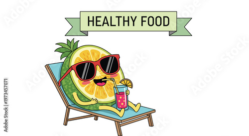 Relaxed pineapple slice character wearing dark sunglasses lounges on a blue beach chair while enjoying a colorful tropical cocktail.