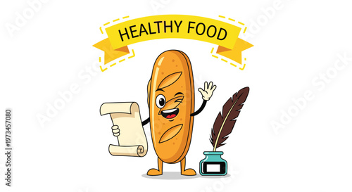 Creative baguette bread character acting as a writer holds a paper scroll and feather pen next to an inkwell under a yellow banner.