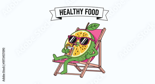 Smiling lime slice character wearing sunglasses relaxes on a pink beach chair under a healthy food banner in this bright illustration.
