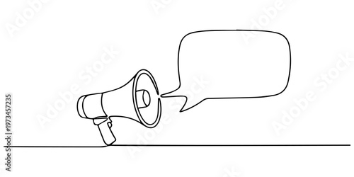 Continuous line one drawing of Speech bubble with megaphone. Vector illustration on white isolated background, megaphone speaker with bubble chat. One line art of sound tool equipment. minimal style. 
