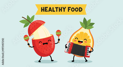 Cute lychee and orange characters perform music together with maracas and an accordion under a bright healthy food banner.