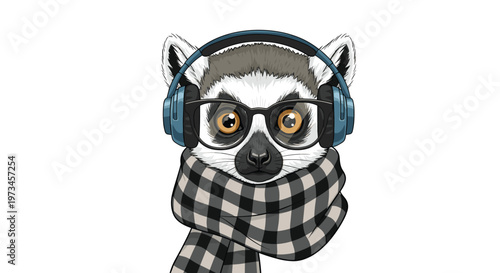 Adorable lemur mascot wearing glasses, blue headphones, and a checkered scarf looks directly forward in this high-quality graphic.