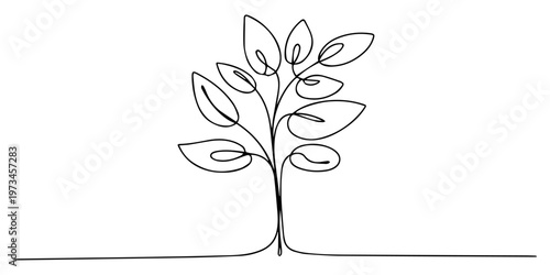 A minimalist drawing of a small tree sapling with lush leaves, created using a single one continuous line art style, tree plant outline vector illustration, Plant growing, a small tree with leaves pro