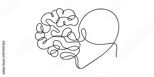 One continuous line drawing of half of a human brain and love in the shape of a heart logo icon. Philosophical of love and reason, Psychological split affection logotype symbol template concept. graph