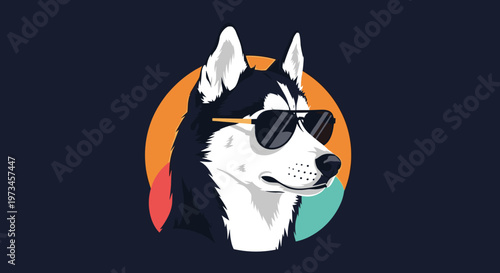 Striking graphic of a husky dog head wearing dark sunglasses set against a colorful circular background with orange and teal.