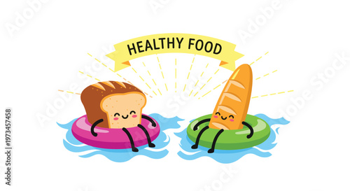 Happy loaf of bread and baguette characters relax in colorful inflatable rings on the water under a bright healthy food banner.