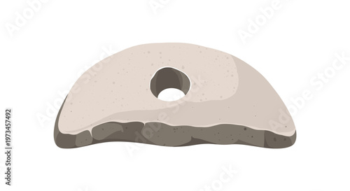 Simple illustration of a primitive stone tool with a central hole features a textured gray surface on a clean white background.