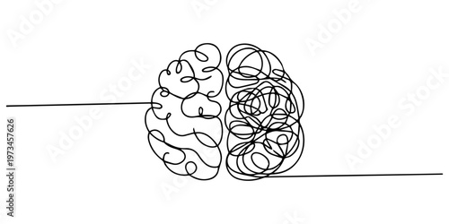 A continuous line drawing shows a brain with one side organized and the other chaotic, Human brain creativity vs logic chaos and order a continuous line drawing concept, organised vs disorganised left