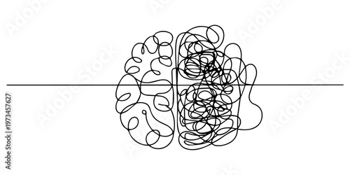 A continuous line drawing shows a brain with one side organized and the other chaotic, Human brain creativity vs logic chaos and order a continuous line drawing concept, organised vs disorganised left