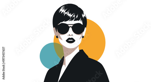 Elegant minimalist portrait of a woman with short black hair and large round sunglasses against a backdrop of colorful circles.