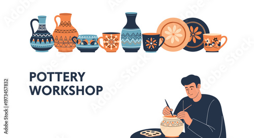 Focused male artist paints intricate geometric patterns on a ceramic pot in his workshop with other decorated pieces nearby.