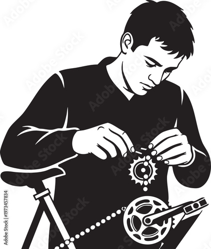 A focused individual meticulously repairing and adjusting bicycle gears and chain for maintenance