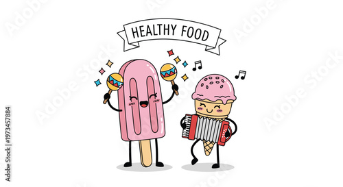 Happy pink popsicle and ice cream cone characters play musical instruments together under a decorative healthy food banner.