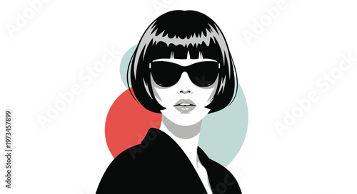 Stylish minimalist fashion illustration of a woman with a sleek black bob and sunglasses set against soft colored circles.