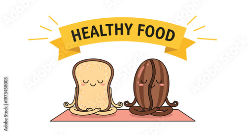 Sliced bread and coffee bean characters practice meditation and yoga together to promote a positive healthy food message.