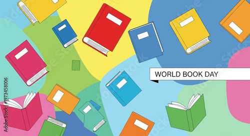 World Book Day celebration with colorful books scattered across a vibrant background.