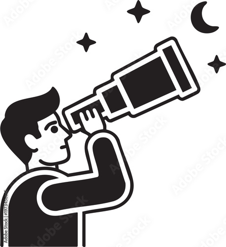 A person observing celestial bodies through a telescope under a starry night sky