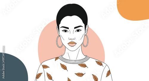 Stylish illustration features a young woman with short dark hair wearing a leaf pattern sweater and large hoop earrings.