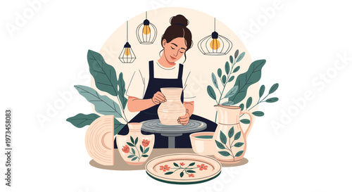 Creative woman works at a pottery wheel in her bright studio surrounded by lush green plants and handcrafted ceramic vases.