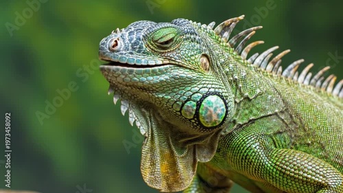Close-up portrait of green iguana with detailed scales in natural habitat