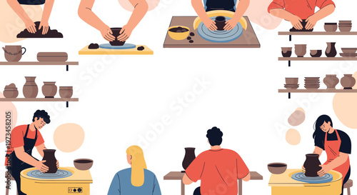 Busy pottery studio scene features diverse artists creating various ceramic items on wheels and displaying their unique work.