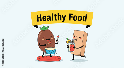 Almond and bread characters enjoy making music and drinking fresh fruit juice under a bright yellow healthy food banner.
