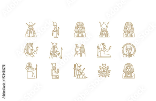 Ancient Egyptian God Goddess Icon Set, Modern Gold Outline Pharaonic Vector, Minimalist Mythology Heritage Silhouette