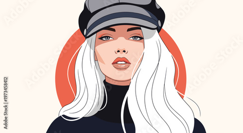 Elegant portrait of a woman with long white hair wearing a stylish grey cap and black turtleneck against a red circle.