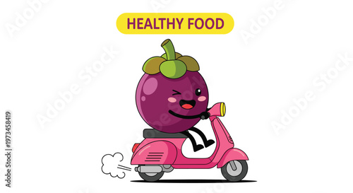 Cute mangosteen character rides a pink motor scooter with a playful expression to promote fun and healthy food choices.