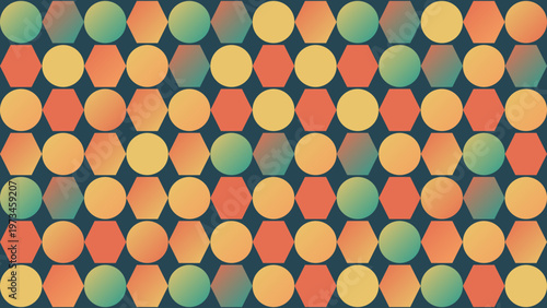 Vibrant Geometric Design: A repeating pattern of colorful circles and hexagons forms a dynamic and visually appealing backdrop, evoking a sense of creativity and modern design.